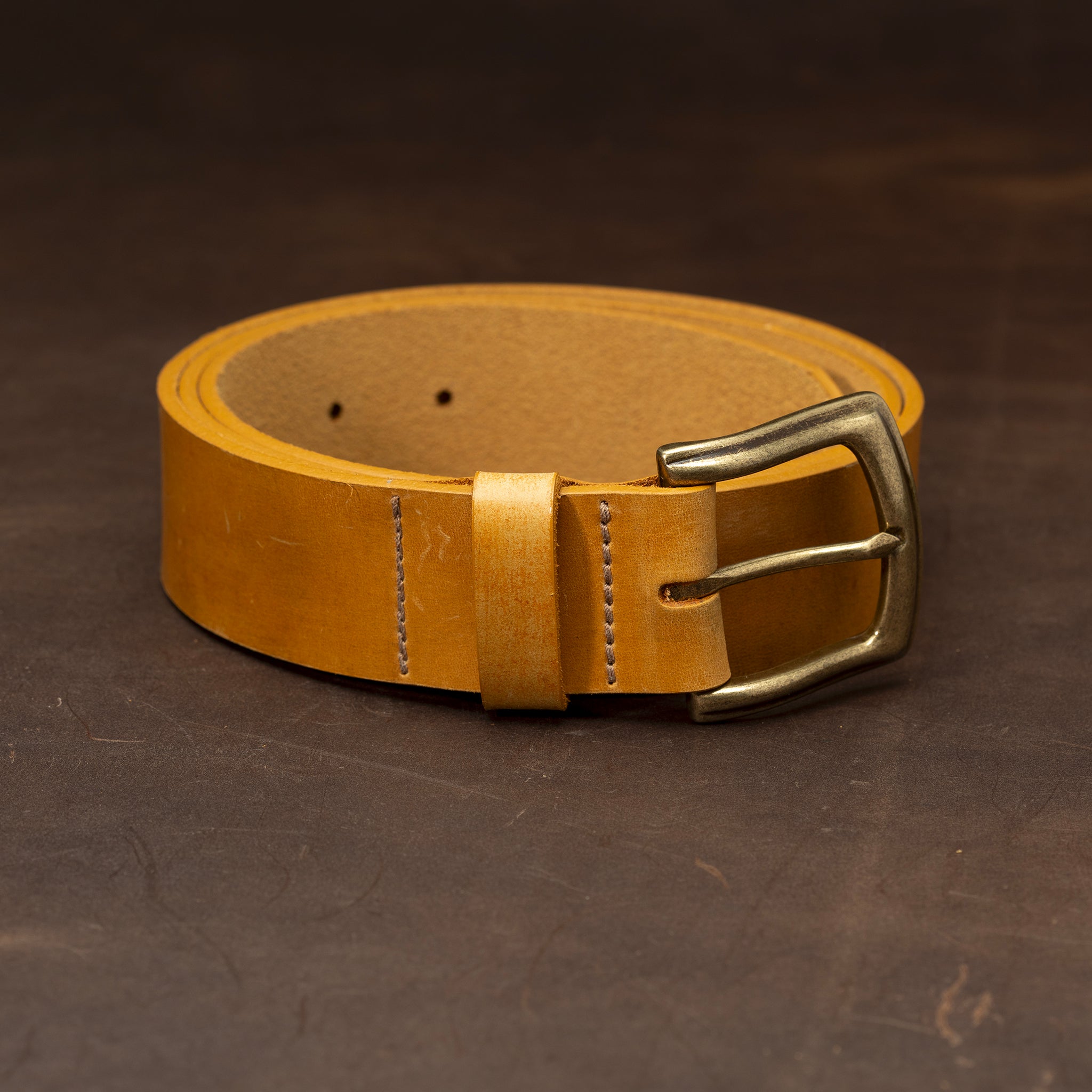 Russet leather belt with brass buckle