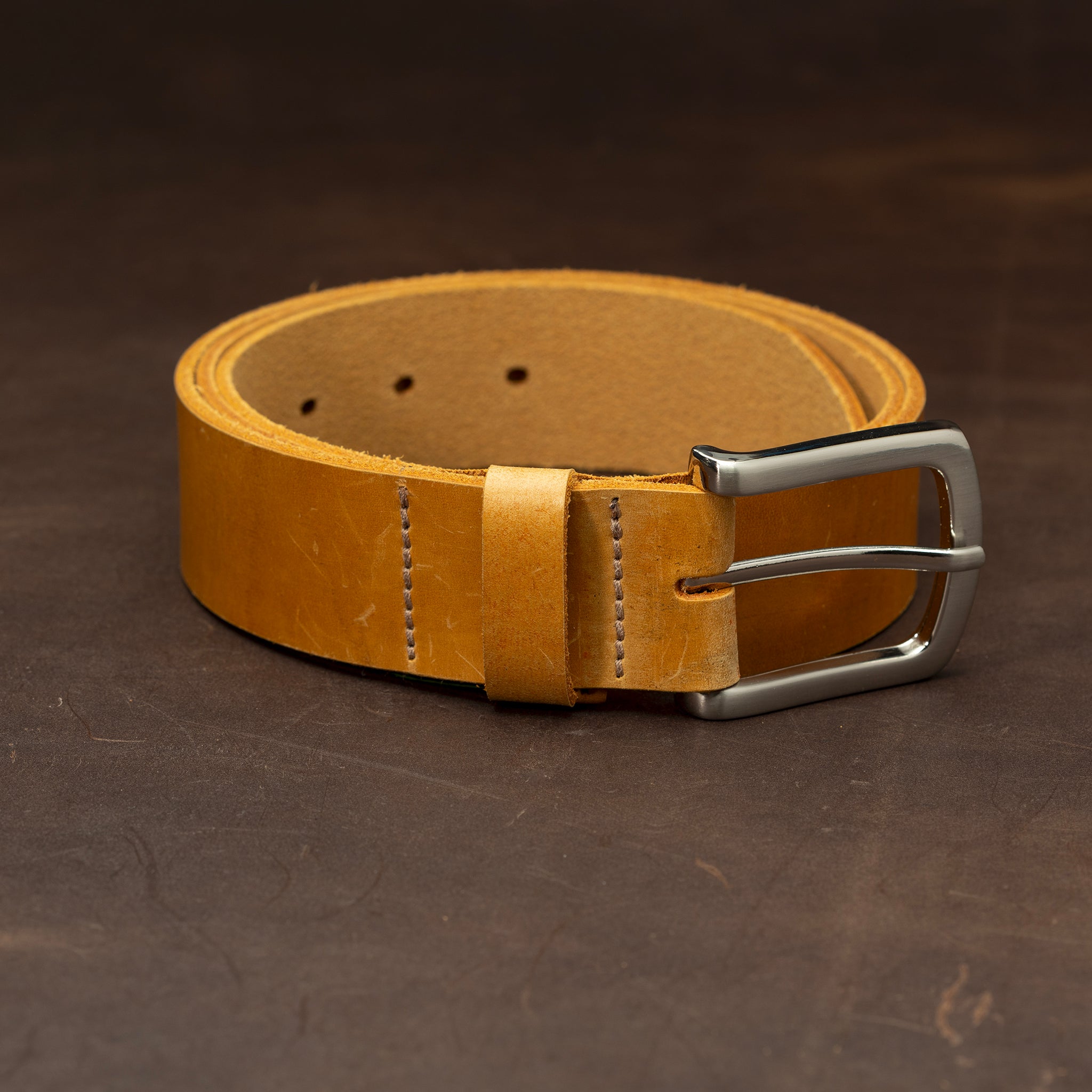 Russet leather belt with nickel buckle